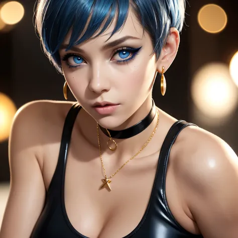 1 girl, blue eyes, pixie cut hair, smokey mascara makeup, big breasts, latex tank top, choker, necklace, gold earrings, portrait, bokeh