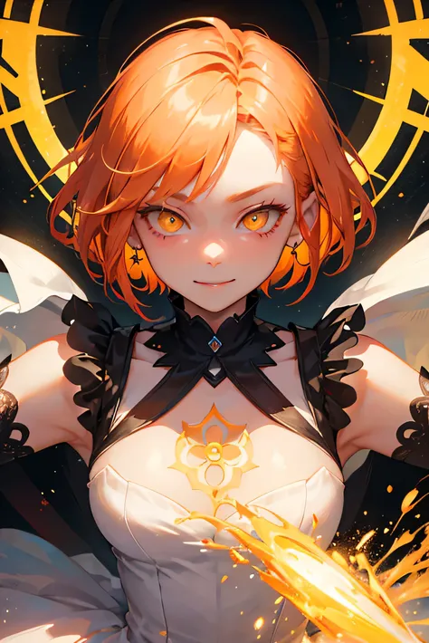 masterpiece, (highest quality), Latest、Orange Hair, short hair, ((Glowing yellow eyes))、Evil Smile、Adult woman wearing a white dress、Bullish expression、Kaleidoscope background