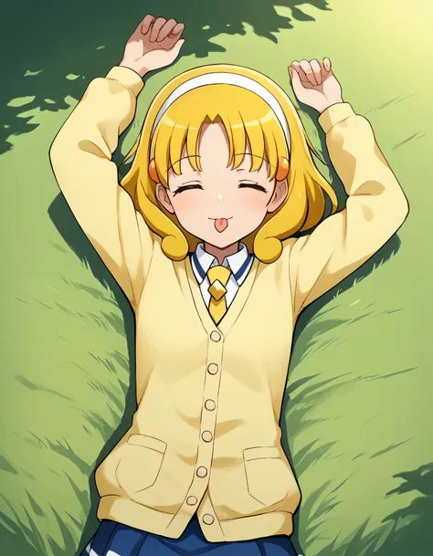 score_9, source_anime, rating_safe BREAK 1girl, solo
kise yayoi, yellow hair, yellow eyes, white hairband, hair ornament, medium hair, nanairogaoka middle , yellow necktie, yellow cardigan, (cowboy shot:1.5), solo, lying, on back, on grass, arms up,  close...