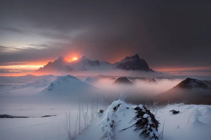 there is a picture of a Mountain range in the fog, sci-fi of iceland landscape, gloomy landscape, iceland landscape, an icelandic landscape, an an icelandic landscape, The background is Icelandic Mountain, beautiful dark landscape, Mountain, dark landscape...