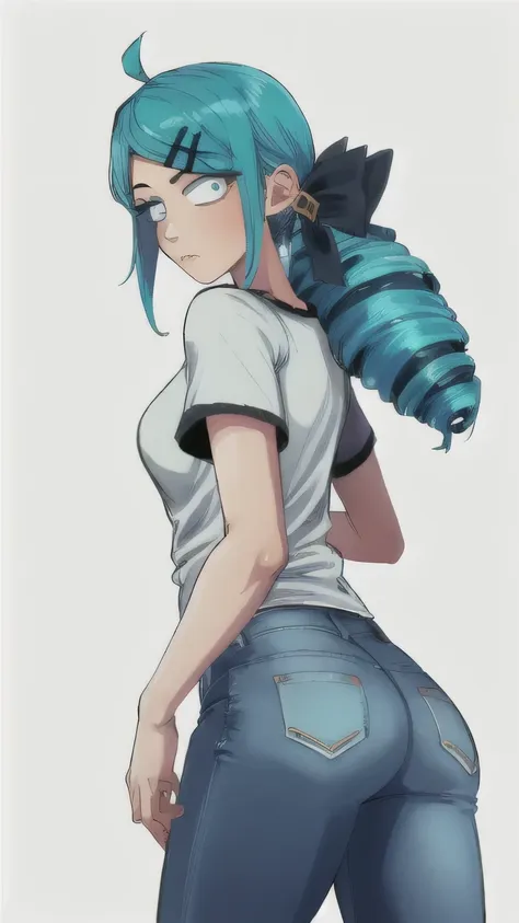 1 girl, Blue eyes, blue hair, Drill hair, gwen (League of Legends), In a white T-shirt and black jeans, hair ornament, a high resolution, League of Legends, long hair, X, X hair ornament, ass