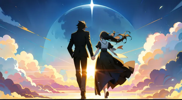 Silhouette of a man and woman walking、The background is the earth、high resolution、Anime Style