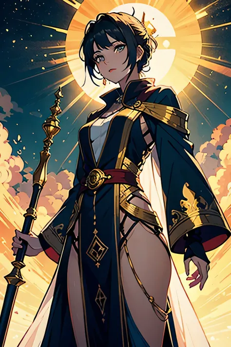 An anime-style female sun mage in a fantasy setting. She is bathed in a radiant golden light, wearing elaborate robes adorned with sun motifs. Her staff glows with intense solar energy, and she stands in front of a bright, sunlit background with rays of su...