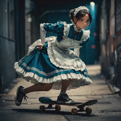 A captivating illustration of a young woman in a Victorian-era maid dress, wearing sneakers and riding a skateboard. She takes a cool, sideways stance as she glides through a dimly lit alley. The maid dress features a high collar and an intricately designe...