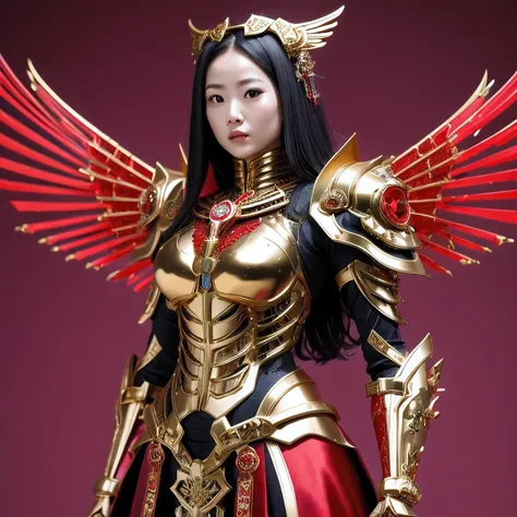 araffe skeleton in a red and gold costume with wings, saint skeleton queen, red demon armor, lady in red armor, wearing a skeleton armor, holy cyborg necromancer girl, hone onna skeleton geisha, ( highly detailed figure ), goddess of death, masami kurumada...