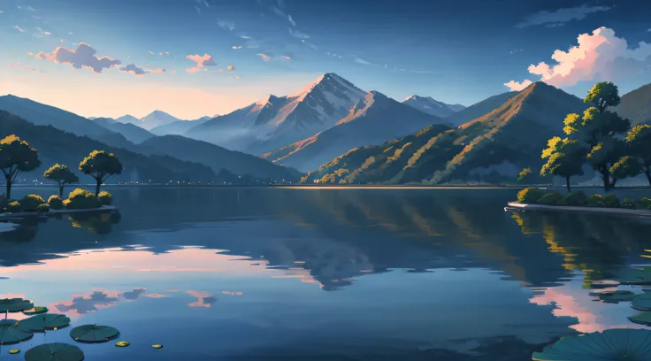 Lake painting with water lilies and mountains as background, anime beautiful peace scene, beautiful anime scenery, anime landscape wallpapers, ross tran. scenery background, Anime landscape, beautiful lake background, Detailed scenery —width 672, beautiful...