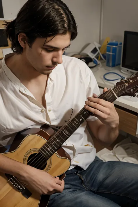 Create a photo of a medical student male wearing a blouse and playing a guitar