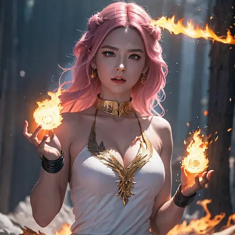 there is a girl lightpinkhair and a white dress holding a fire, ice sorceress, the sorceress casting a fireball, fantasy character photo, casting fire spell, (octane render) fantasy style, ice and fire, a sorceress casting a ice ball, realistic fantasy ren...