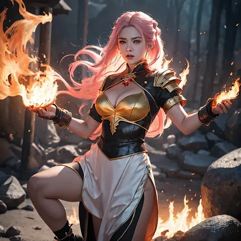 there is a girl lightpinkhair and a white dress holding a fire, ice sorceress, the sorceress casting a fireball, fantasy character photo, casting fire spell, (octane render) fantasy style, ice and fire, a sorceress casting a ice ball, realistic fantasy ren...