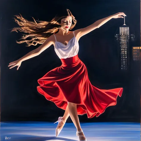 photography，Portrait photography，A woman in a red dress is dancing,City background，night，light，A man in white、Painting of a woman in a red dress flying in the air, Rob Ray, dancing girl in white dress, Raymond Swanland&#39;s style, She is dancing. Practica...