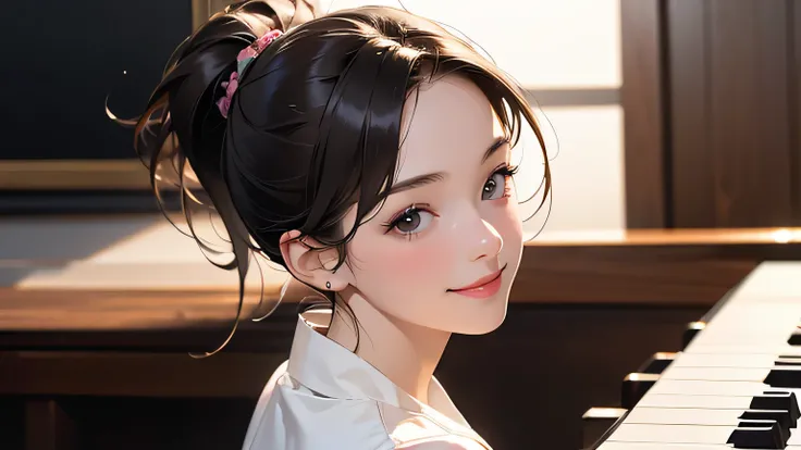 1 girl, best quality, masterpiece, super high resolution, (realistic:1.4), RAW photo, 1 girl, 20 years old, hairstyle ponytail She plays as a solo pianist. .Playing piano, smiling, playing happily, playing piano