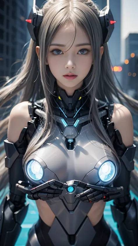 ((robot girl, mecha)), glowing eyes, delicate face, broken armor, mechanical aura, mechanical arm, gray hair, long hair, ceramic...