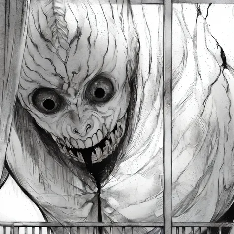 a drawing of a creepy looking creature sticking its head out of a window, horror manga, subtle junji ito, from attack on titan, extremely scary, inspired by Takeshi Obata, in berserk manga, terrifying monster, colossal titan, ito junji art, jump scare, cre...