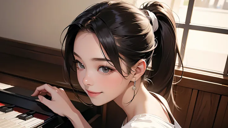 1 girl, best quality, masterpiece, super high resolution, (realistic:1.4), RAW photo, 1 girl, 20 years old, hairstyle ponytail She plays as a solo pianist. .Playing piano, smiling, playing happily, playing piano