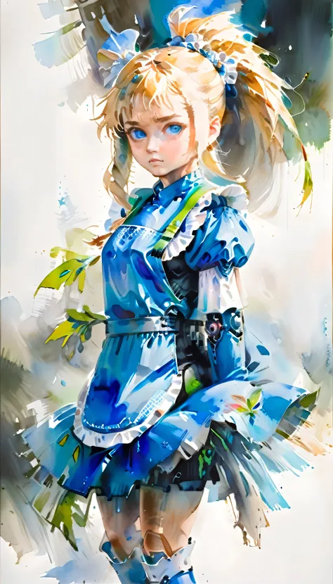 arafed, a watercolor picture of a mecha girl wearing a maid's outfit, traditional watercolor painting, blond hair, pony tail hai...