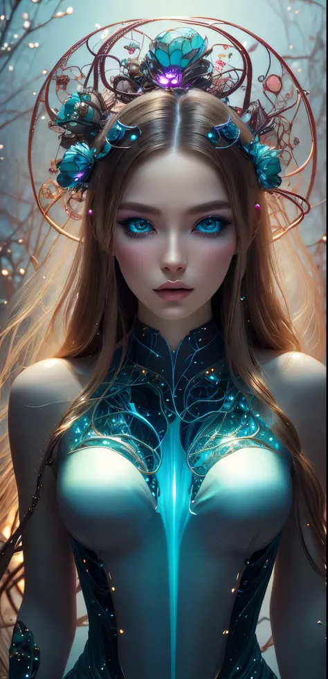 A glass-like alien floral monument bioluminescence , humanoid structure entangled in a star light back ground, is displayed in out realms, stary background, concept art, feminine beauty, god, (best quality,8K,highres,masterpiece), ultra-detailed, (surreal ...