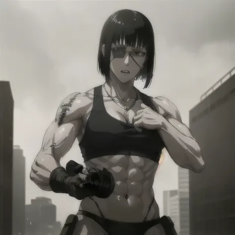 (best quality,ultra-detailed,realistic:1.37),musclaur badass girl with sculpted body with preview her musclaur body and six-pack, full review of the female characters face and body, intense expression,studio lighting, vivid colors, physiologically-based re...