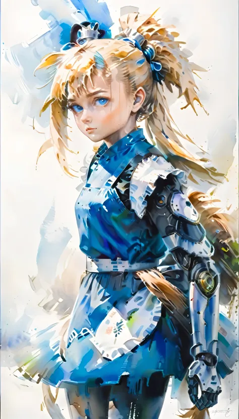 arafed, a watercolor picture of a mecha girl wearing a maid's outfit, traditional watercolor painting, blond hair, pony tail hai...