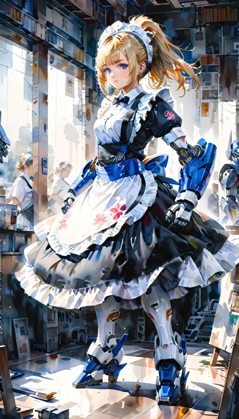 arafed, a watercolor picture of a mecha girl wearing a (maid's outfit: 1.4), traditional watercolor painting, blond hair, pony t...