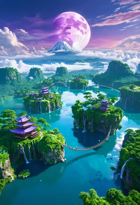 "A dreamlike landscape with floating islands in the sky. The islands are covered with lush, green forests and have cascading waterfalls flowing into the clouds below. The sky is a vibrant mix of purples and blues with a giant, glowing moon. There are bridg...