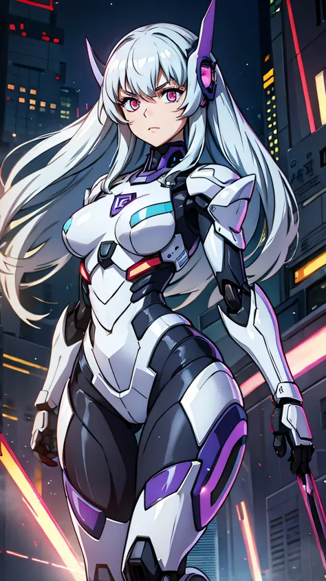 ((robot girl、mecha))、glowing eyes、delicate face、broken armor、mechanical aura、mechanical arm、gray hair、long hair、ceramic body、thi...