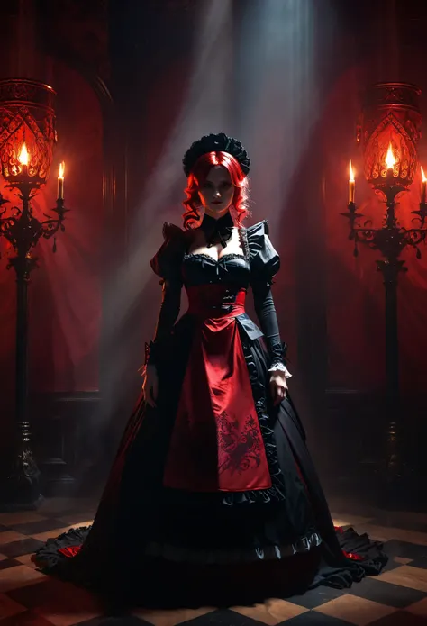 a black and red maid outfit, a hell lady,  intricate and ornate dress, dramatic lighting, dark fantasy, gothic, chiaroscuro, moody atmosphere, cinematic composition, dramatic color palette, rich textures, highly detailed, 8k, photorealistic, fullbody：2