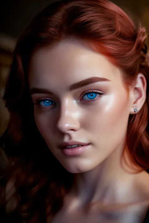 A red-haired, blue-eyed woman posing for a photo, Realistic digital painting, ultra Realistic digital painting, photoRealistic digital painting, very realistic digital art, highly realistic digital art, realistic digital art 4 k, realistic digital art 4k, ...