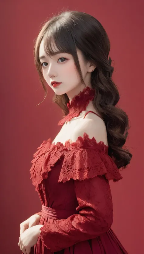 Young woman standing in front of a crimson background、She is wearing a gorgeous red dress。The dress is decorated with lace and frills.、Exposed shoulder design.。The Woman&#39;Long hair is soft and wavy、Her head is adorned with a red flower hair accessory......