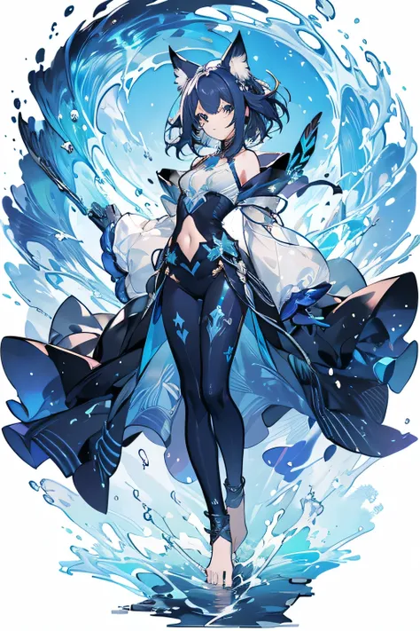 （Super exquisite boy 2.1）,（Elf ears,2.1）,19 years old,The blue Tang suit has a wave pattern on the upper body,Navel,Blue 3-point pants，No shoes，With pearl anklet,（Hair Bunch，5.5）,Background with blue sea,8K quality,Anime filters,2D,phone wallpaper，Best qua...