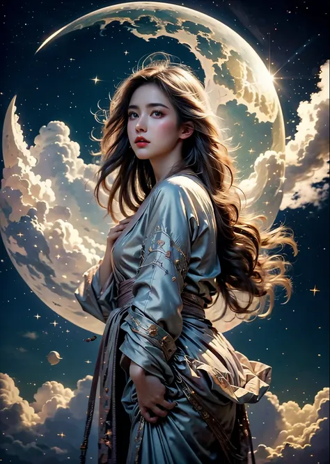 Moon Goddess、Beautiful woman、Silk robes in the moonlight、Dynamic pose、Clouds and Stars、Cinematic lighting、Sharp focus、High resolution、High resolution、High color rendering、High resolution、Super realistic、