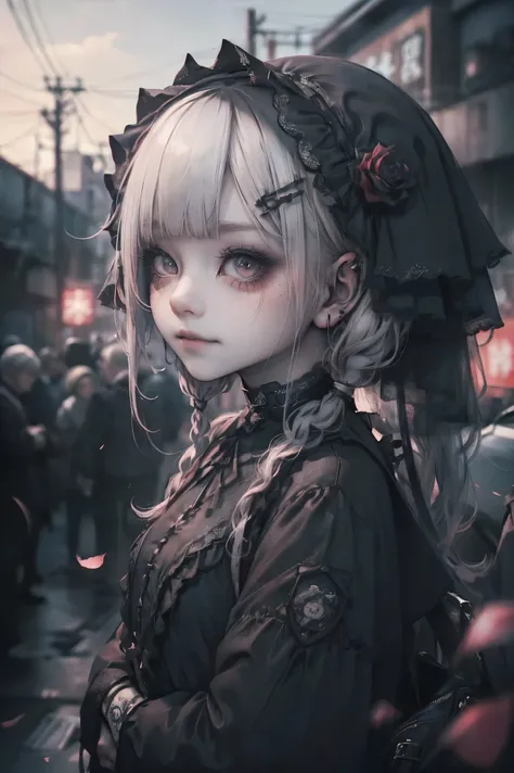 (smile:1.4),(Looking at the audience:1.4)、Red Gothic Lolita、bonnet、,(Face Focus),break,、Beautiful woman、miserable、Fine Eyes、black eye、Industrial Landscape、blonde、Twin tail hair、Black dark eyeshadow、Good skin radiance、particle、Rose petals、