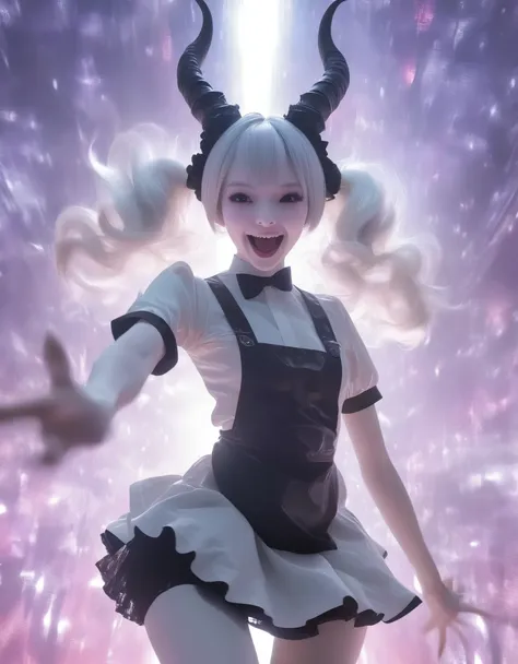 solo，universe concert background,  galaxy lighting，a  very pale white  skin demon girl idol  with black horns, (pitch black eyes...