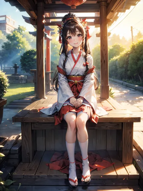 masterpiece, best quality, high resolution, 1 girl, honoka, shrine maiden, and skirts, sit, shrine, smile