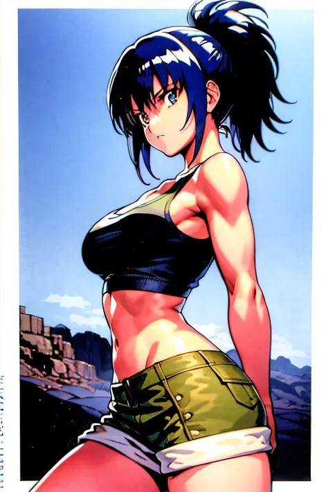 masterpiece, best quality, anime 1990s (style, leona heidern, tank top, short, desert, army, cammo. pony tail