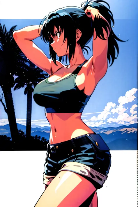 masterpiece, best quality, anime 1990s \(style\, leona heidern, tank top, short, desert, army, cammo. pony tail, wet, serious, s...