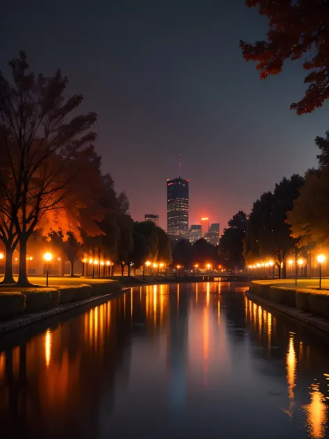 gloomy, ((city park)), night, red and orange tones, wide frame, high quality