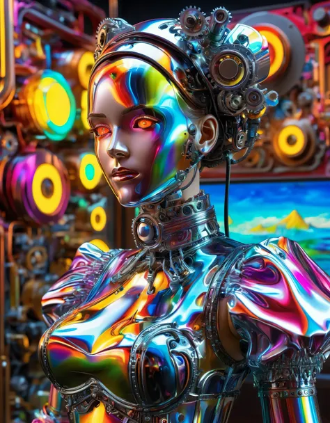 An liquid metal android in colorful maid outfit, dramatic painting, hyper detailed gears and circuitry, intricate mechanical design, glowing neon eyes, vivid colors, chrome finish, sharp focus, 8k, masterpiece