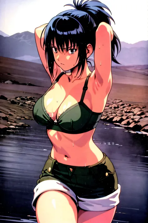 masterpiece, best quality, anime 1990s (style, leona heidern, bra, short, desert, army, cammo. pony tail, wet, serious, soldier.