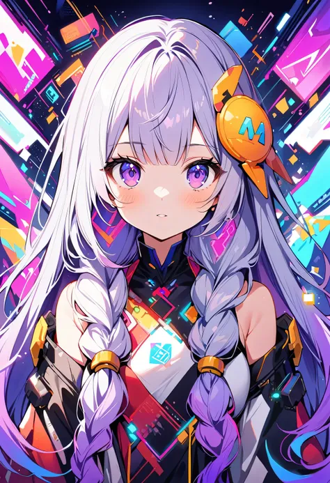 1 Girl, yinji, purple hair, purple eyes, long hair, white hair, double braids, gradient hair,Pictures showing the beauty of artificial intelligence, Includes symbols and circuits that overlap with impressively vibrant and attractive colors.