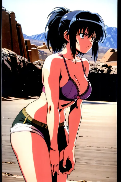 masterpiece, best quality, anime 1990s (style, leona heidern, bra and panty, desert, army, cammo. pony tail, wet, serious, soldier.