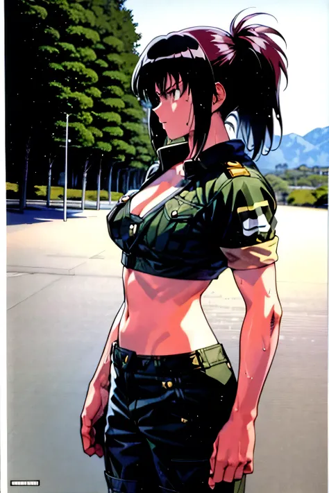 masterpiece, best quality, anime 1990s \(style\, leona heidern, bra, short, desert, army, cammo. pony tail, wet, serious, soldie...