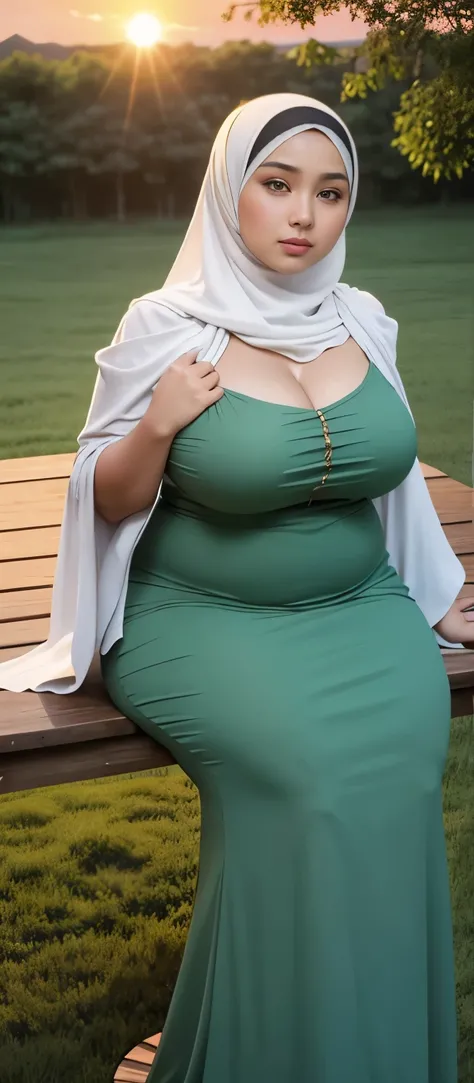 ( Close Up),RAW, Best quality, high resolution, works: 1.3), Beautiful Malay woman in hijab, Masterpiece, fit body, big breasts, beautiful big eyes, Soft smile, beautiful face, woman sitting at a table in a green meadow, traditional beauty, moment sunset, ...