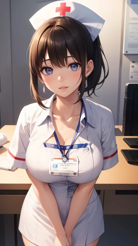 1girl, natural lighting, masterpiece, highly detailed, illustration, game CG, absurdres, high quality, aichan, (large breasts), beautiful detailed eyes, short hair, ponytail, light curled hair, bangs, glossy lips, lips parted, collarbone, nurse office, hos...