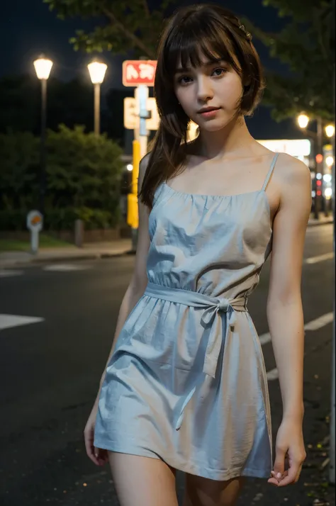  Masterpiece, white skin, textured skin, super detail, high details, high quality, 8k, nice pose, road night background, dark shadow, less light, nature light, side lighting to face, a cute girl, perfect face, beautifull 14 years old girl,14 years old girl...