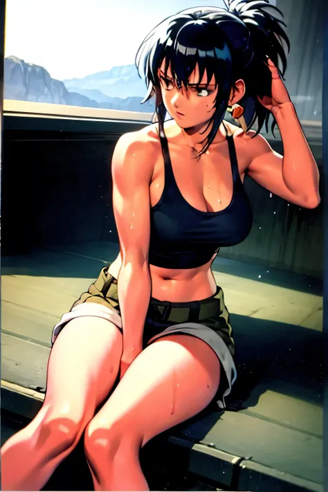 masterpiece, best quality, anime 1990s \(style\, leona heidern, tank top, short, desert, army, cammo. pony tail, wet, serious, s...