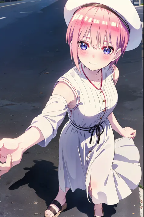 ichikanakano, ichika nakano, short hair, bangs, blue eyes, Hair between the eyes, Pink Hair, Big white hat,smile,Sleeveless white dress,Bare arms,White long skirt,Cute heeled sandals,whole bodyがイラストに入るように,Looking down from above,walk,moonlight,night,ロマンチック...