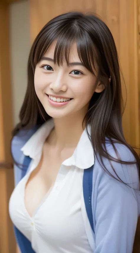 Japanese schoolgirl),((Beautiful girl)),cleavage,the expression imagining what feels good:1.2,(perfect body beauty:1.2),((perfect body)),(shy smile),beautiful teeth,