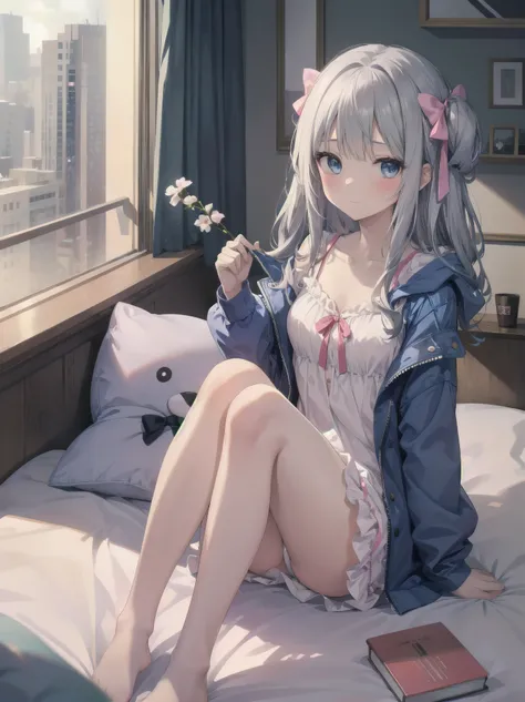 1girl, solo, long hair, looking at viewer, blush, bangs, blue eyes, long sleeves, bow, sitting, closed mouth, collarbone, jacket, hair bow, grey hair, thighs, frills, open clothes, indoors, hood, legs, book, bare legs, window, bed, on bed, stuffed toy, pin...