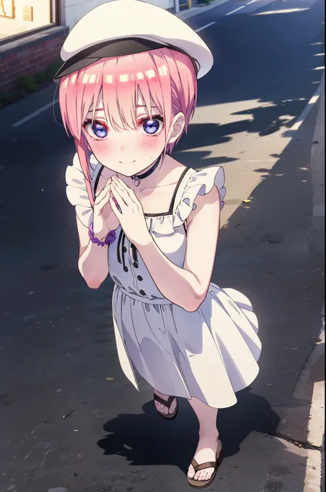 ichikanakano, ichika nakano, short hair, bangs, blue eyes, Hair between the eyes, Pink Hair, Big white hat,smile,Sleeveless white dress,Bare arms,White long skirt,Cute heeled sandals,whole bodyがイラストに入るように,Looking down from above,walk,moonlight,night,ロマンチック...