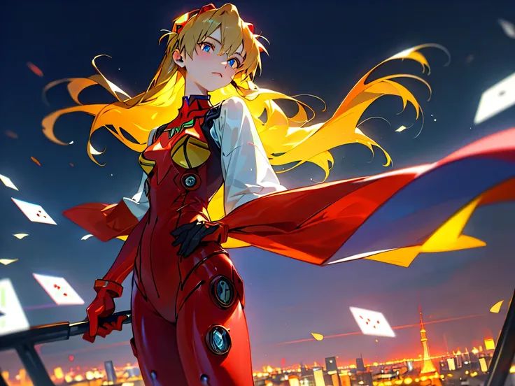 Realistic wide-angle photos,Dynamic angle,Extremely detailed, illustration, close up, straight on, 1 Girl, ((Muneru Asuka Langley, Interface Headphones, Red tights:1.4, Blonde)),Her eyes shone like Dreamy stars,(Glowing eyes:1.233),(Beautiful and delicate ...